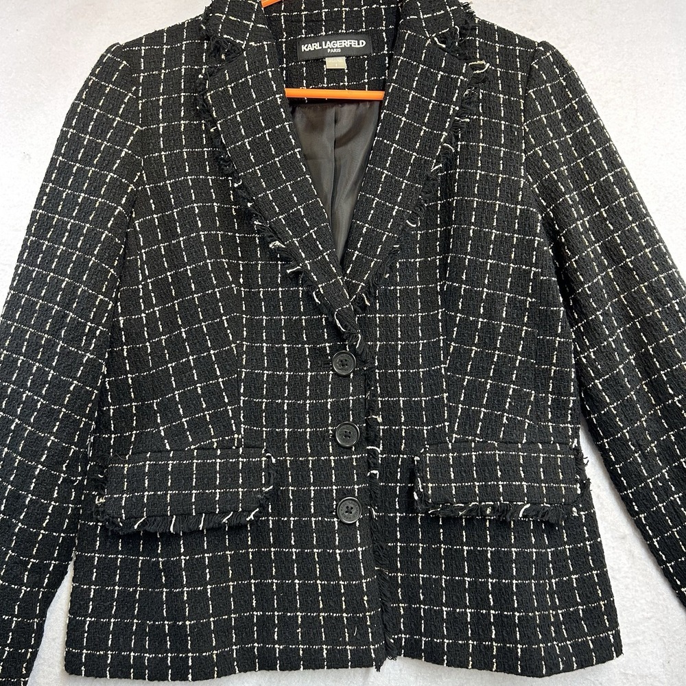 Karl Lagerfeld Paris Black White Plaid Blazer Jacket Fringe Button Pockets 8